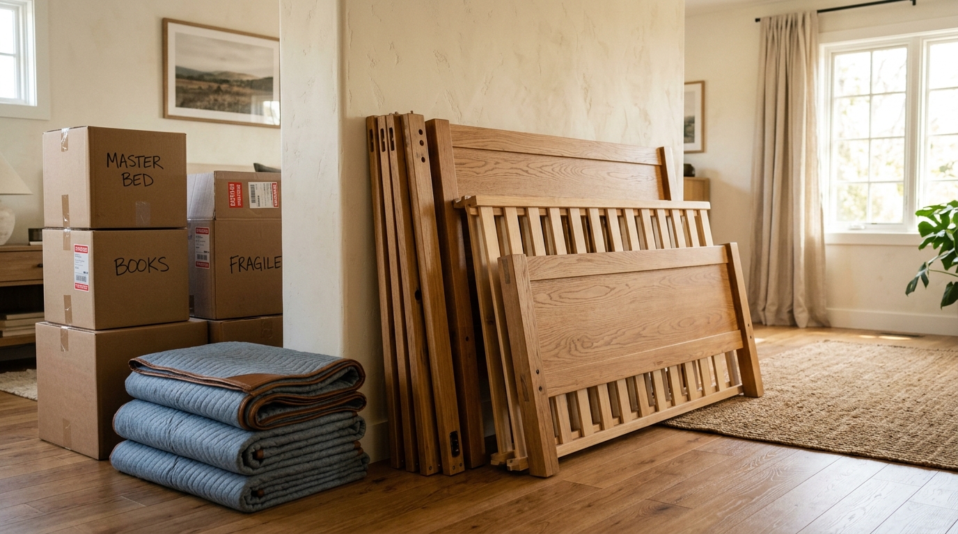 Disassembled wooden bed frame leaning against a wall in a bedroom being prepared for a move
