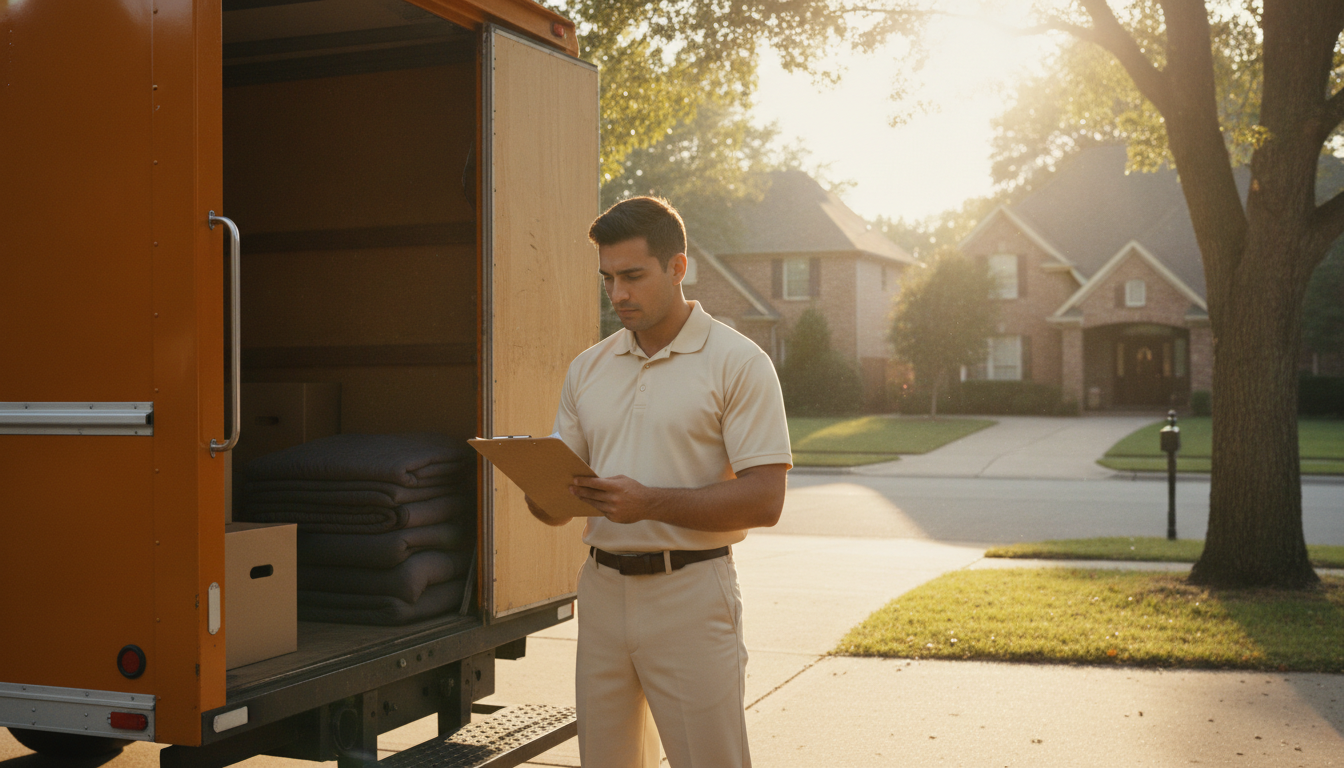 A mover reviewing a moving invoice on a clipboard beside a moving truck parked on a residential street