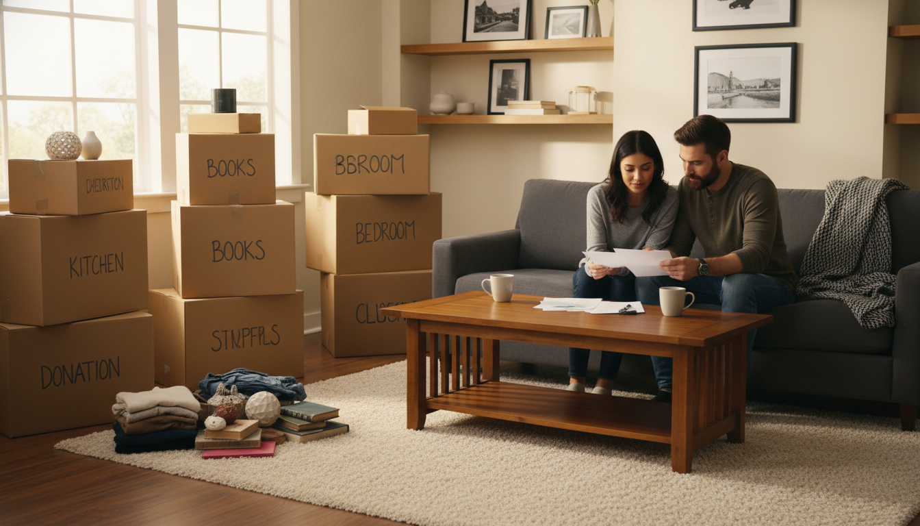 A couple sorting belongings into donation and moving boxes in a sunlit living room before a move