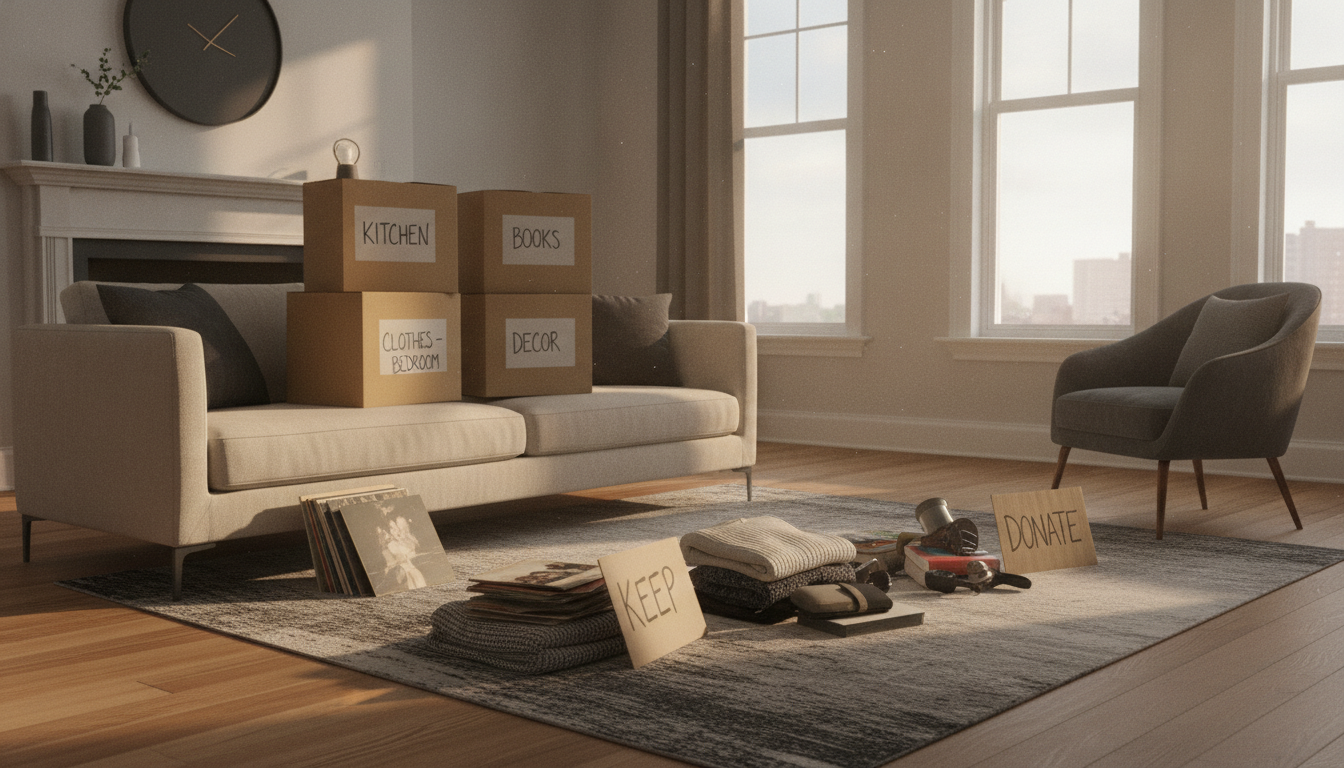 Sorted moving boxes and donate piles in a sunlit living room during a pre-move downsizing session