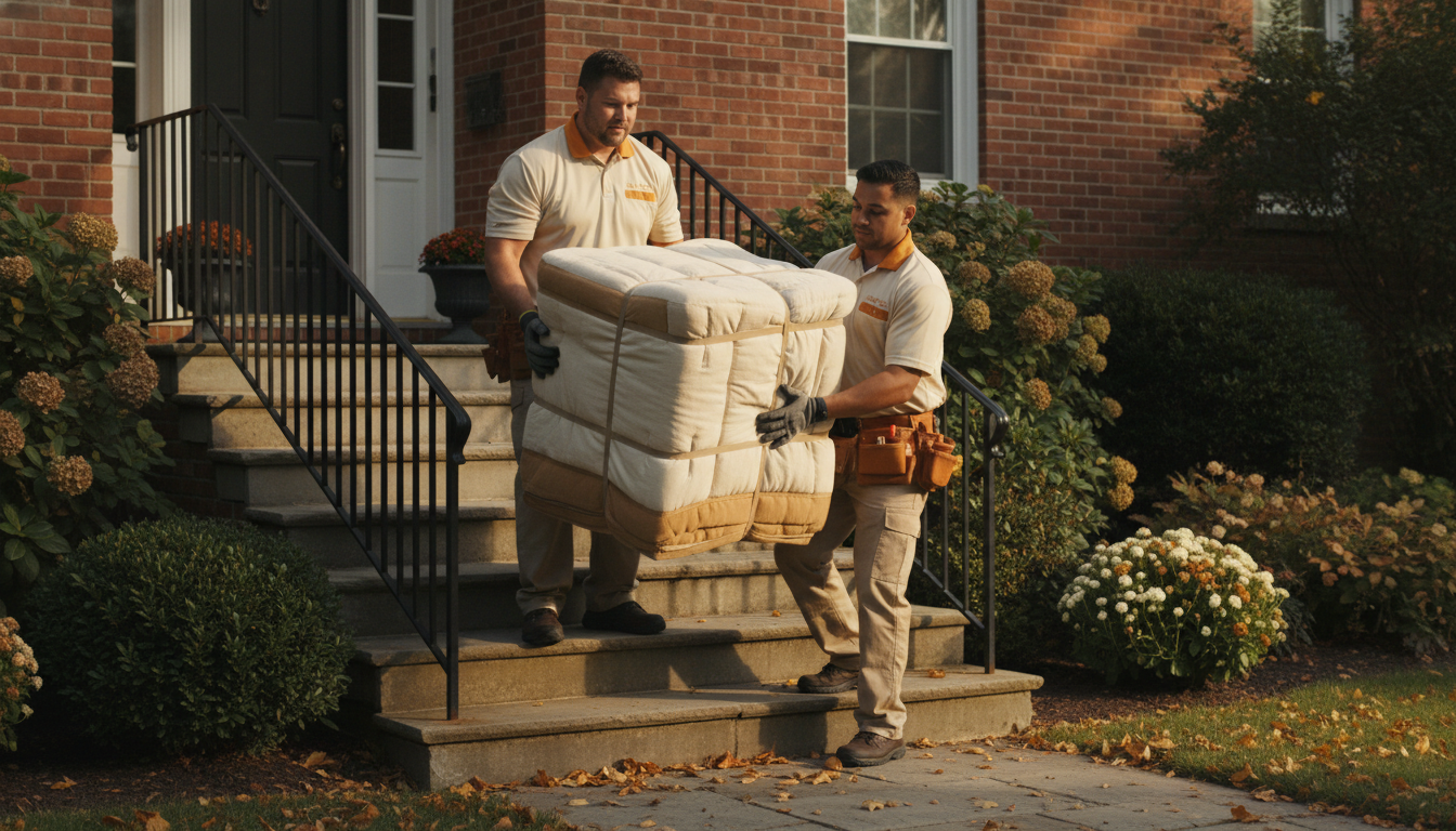 Two uniformed movers carefully carrying wrapped furniture down the front steps of a brick home