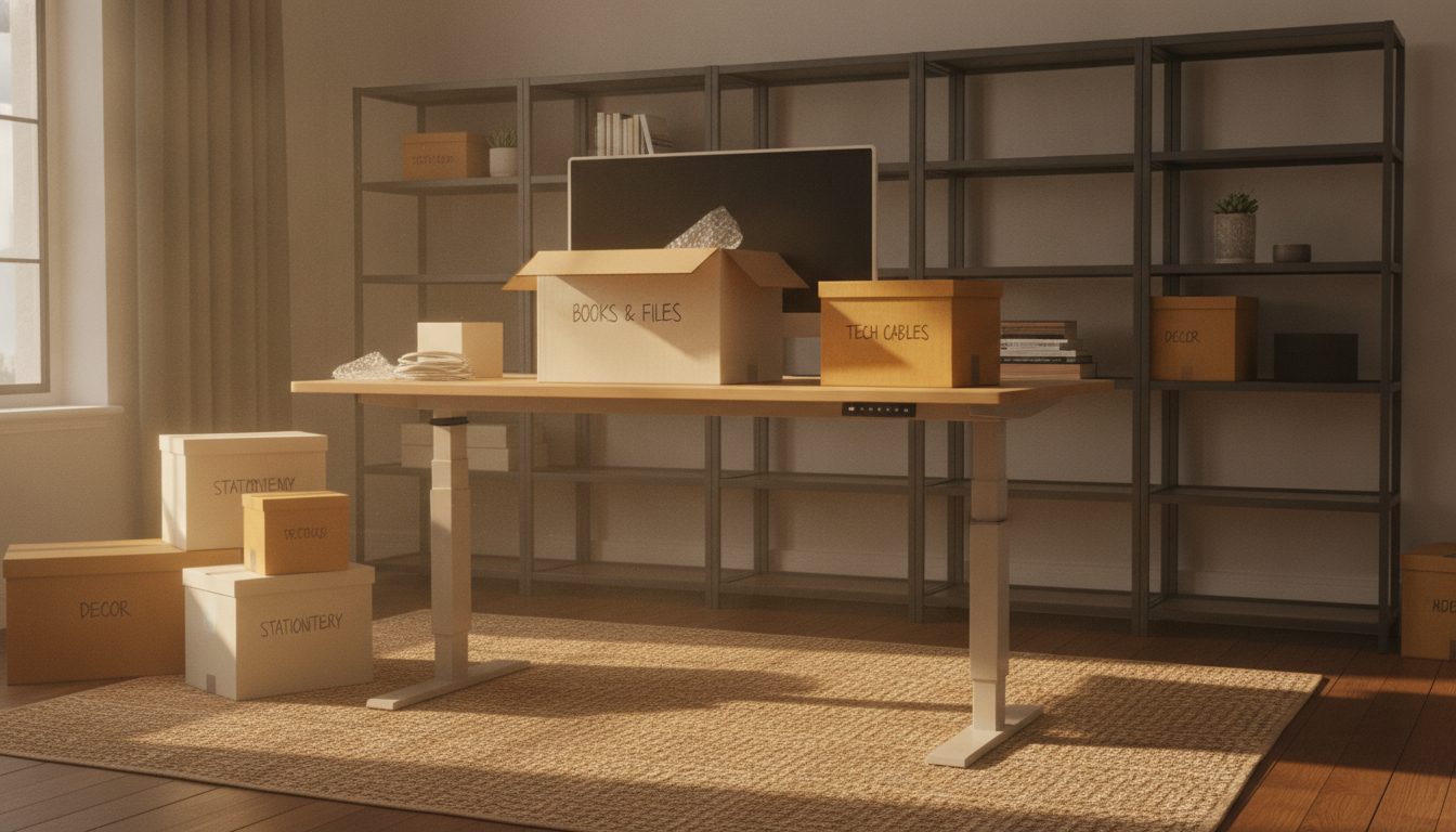 A neatly organized home office being packed for a move, with a monitor, desk accessories, and labeled moving boxes in warm morning light