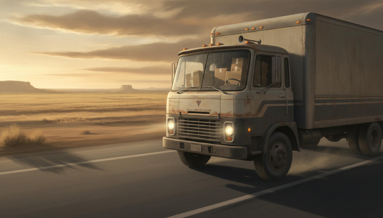 A moving truck traveling down an open American highway at golden hour during a long-distance move