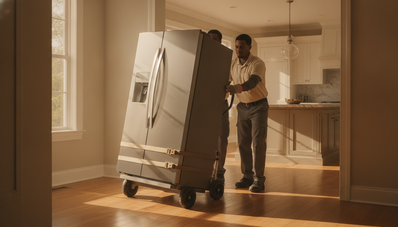 Two movers using an appliance dolly to carefully move a large stainless steel refrigerator through a kitchen doorway