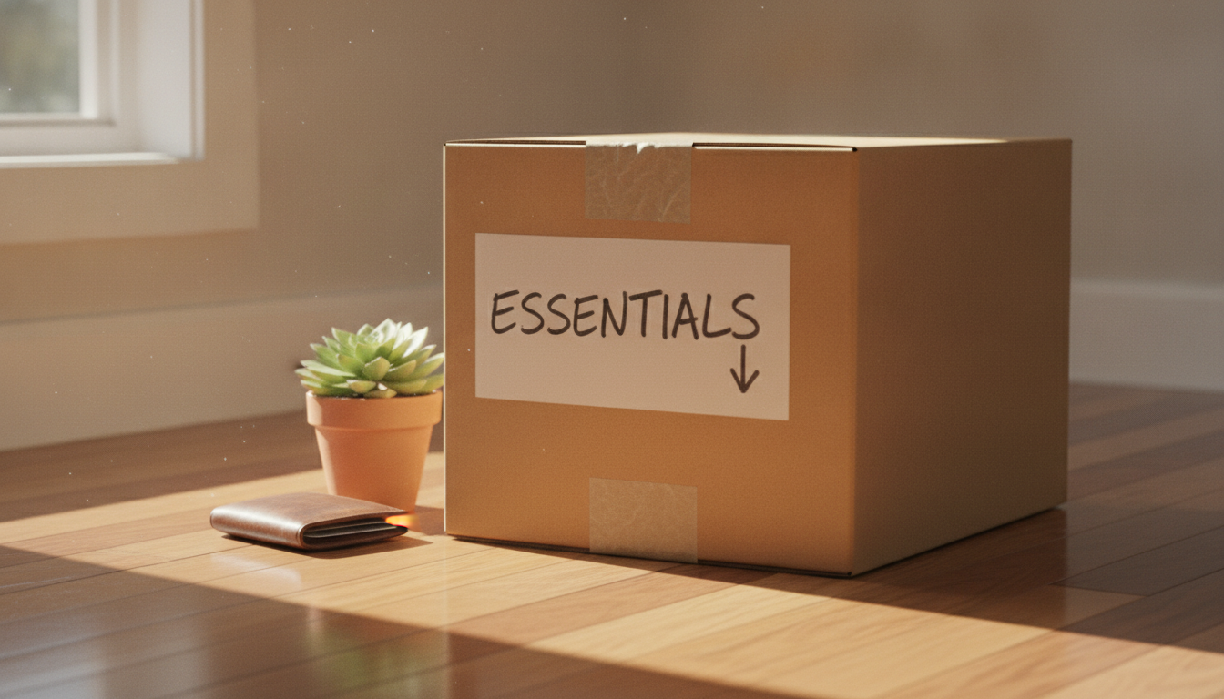 A labeled moving box and wallet on a hardwood floor, representing budget-conscious moving planning