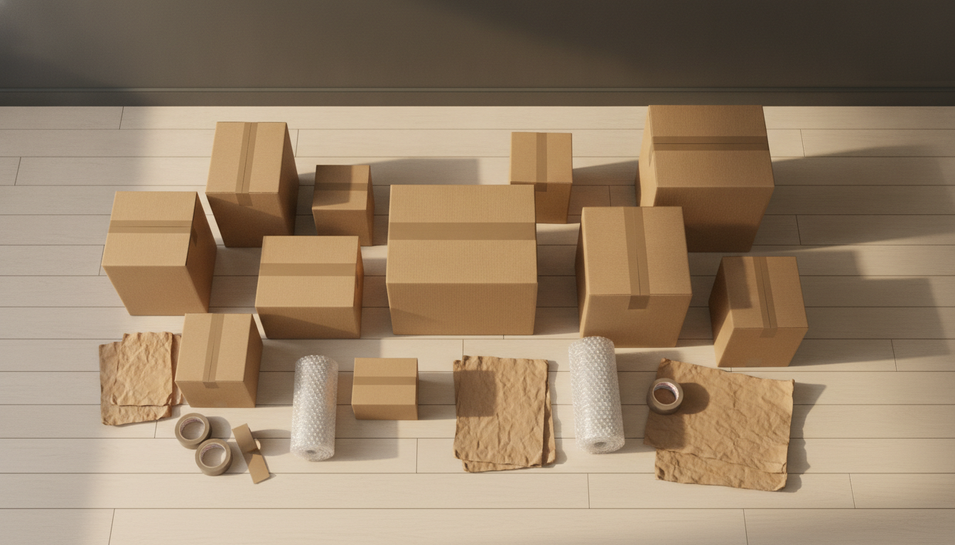 Neatly stacked moving boxes surrounded by packing tape, bubble wrap, and kraft paper on a warm wooden floor