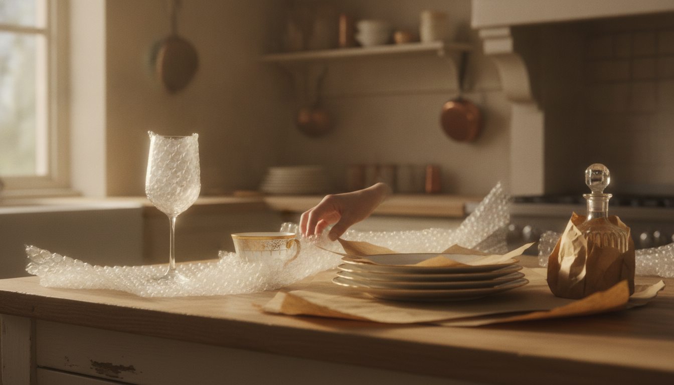 Hands carefully wrapping fine china in packing paper on a cream-toned kitchen counter, surrounded by bubble wrap and moving boxes