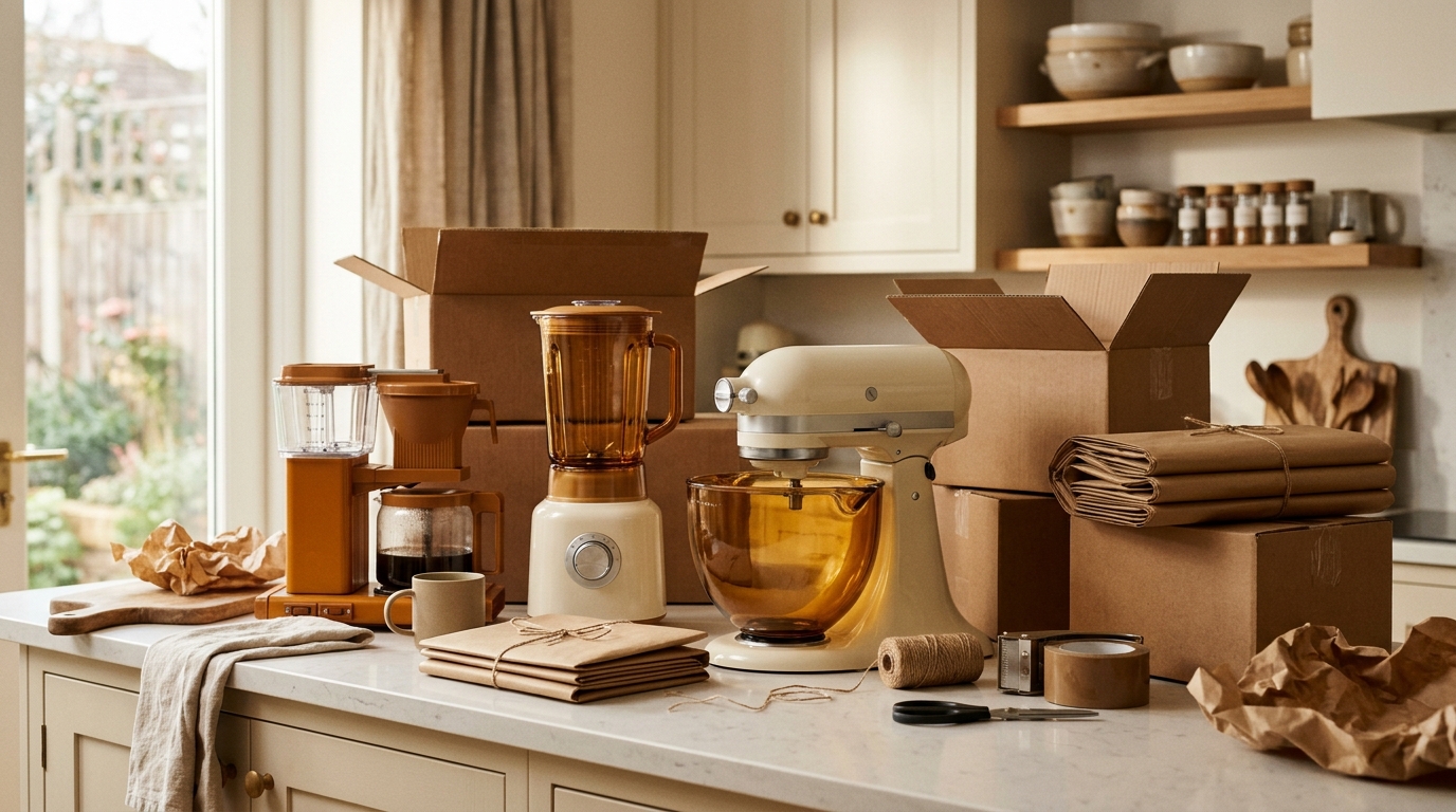 Kitchen countertop with stand mixer, blender, and coffee maker next to packing paper and moving boxes ready for packing