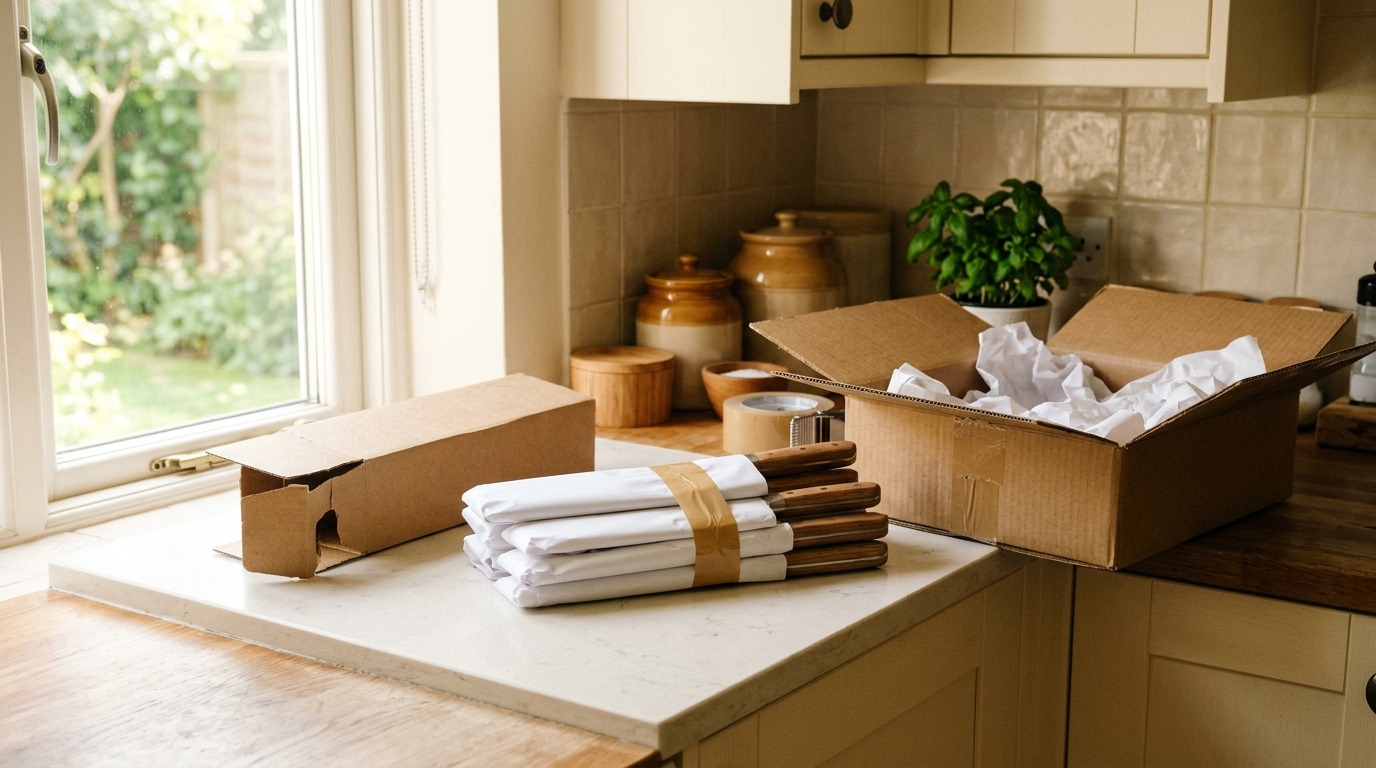 Kitchen knives wrapped in white packing paper on a cream countertop next to an open moving box