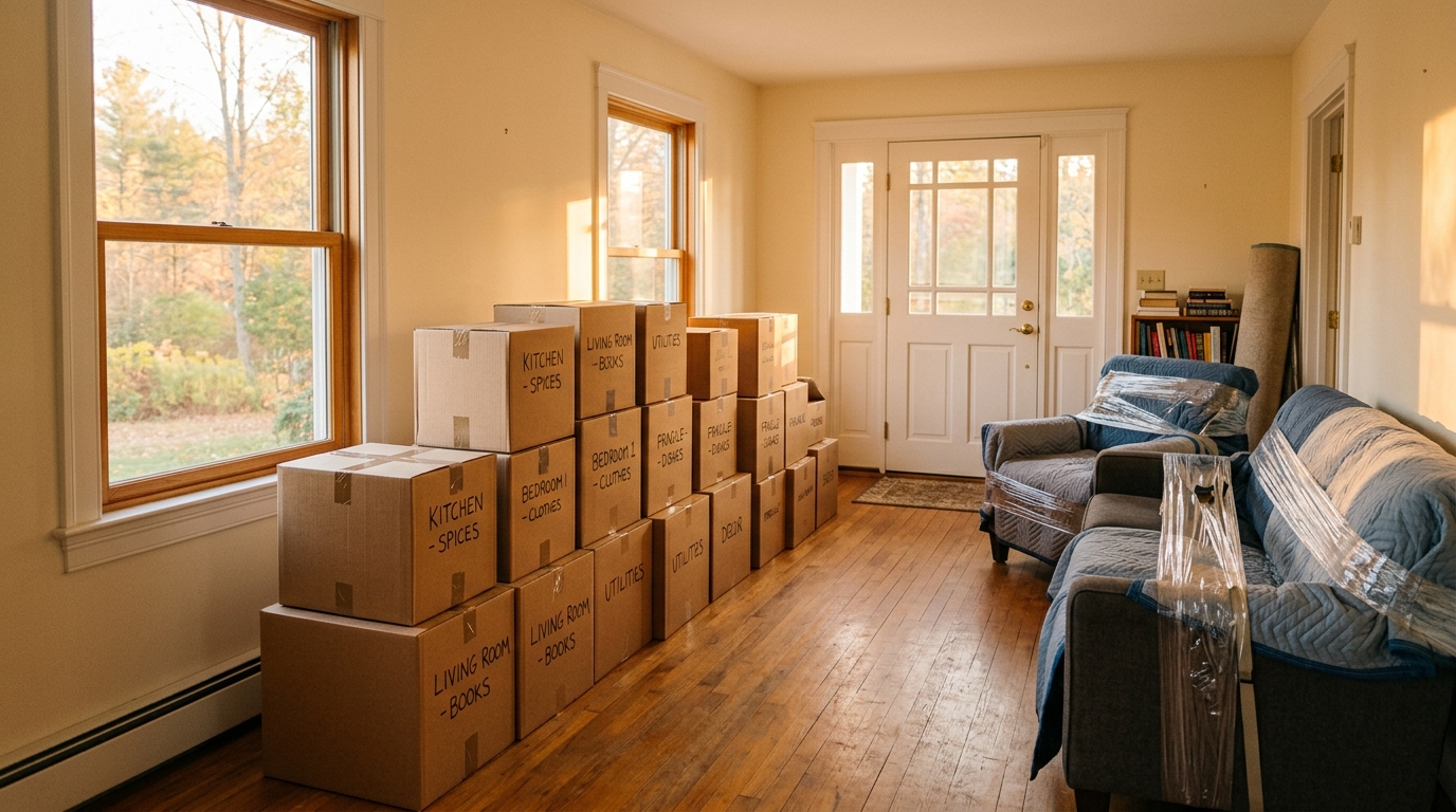 Neatly stacked labeled moving boxes in a sunlit living room with clear pathways cleared for movers on moving day