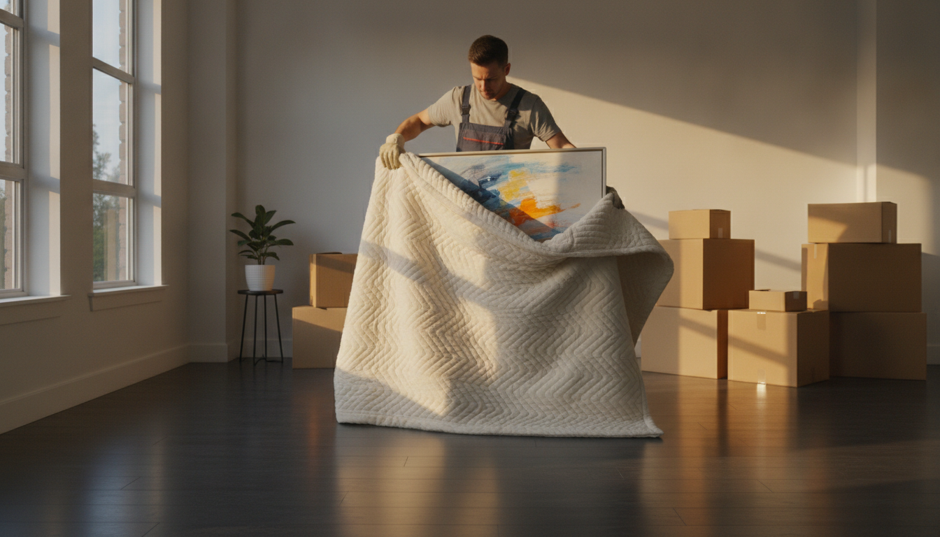 A professional mover wrapping a framed painting in a moving blanket inside a bright, warmly lit living room