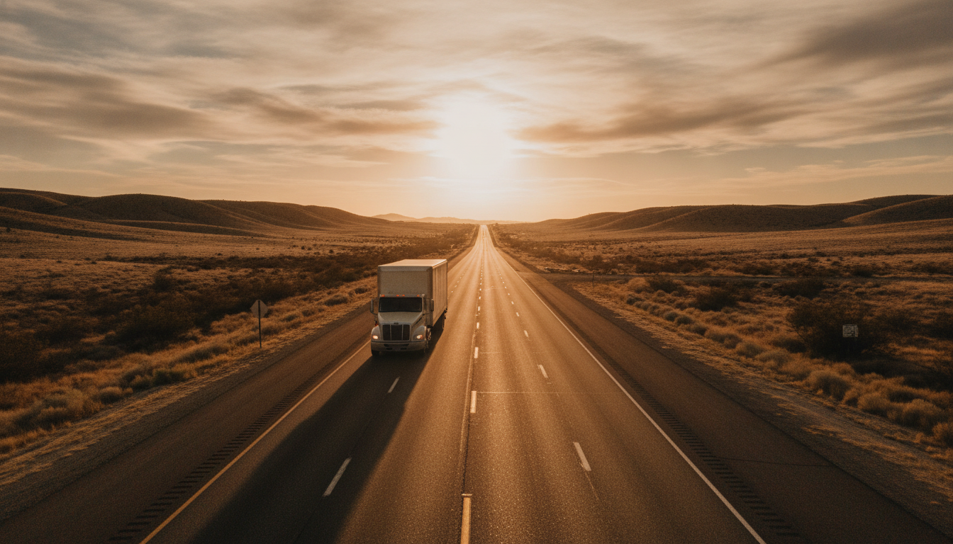 A full-size moving truck traveling down a sunlit interstate highway at dusk