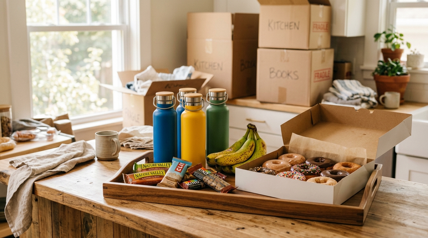 A tray of snacks and water bottles set out on a kitchen counter for movers on moving day