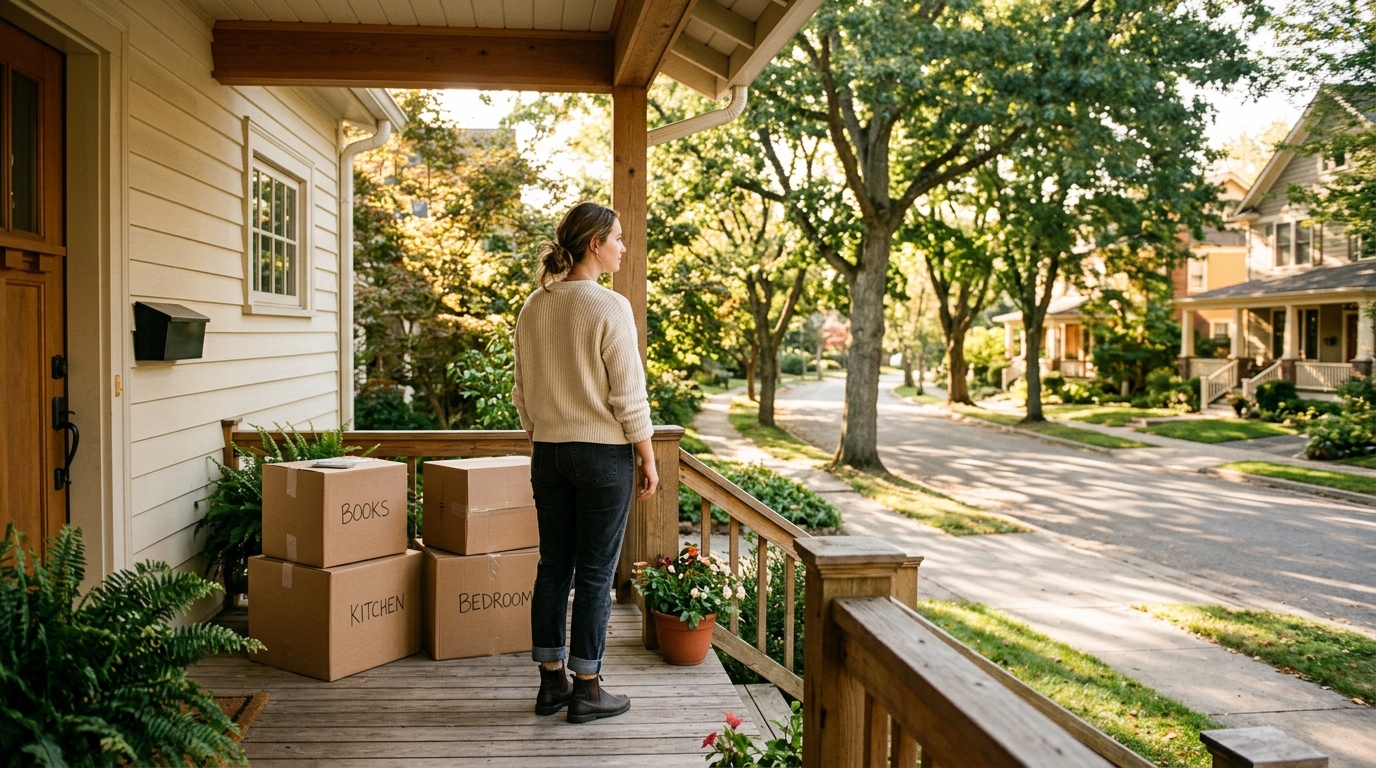 Person waiting on porch surrounded by moving boxes on a sunny moving day