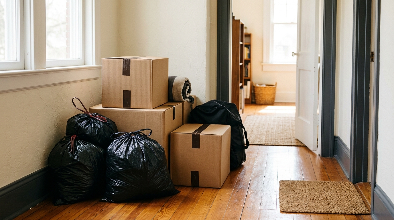 Trash bags and cardboard boxes stacked in a sunlit hallway during a home move