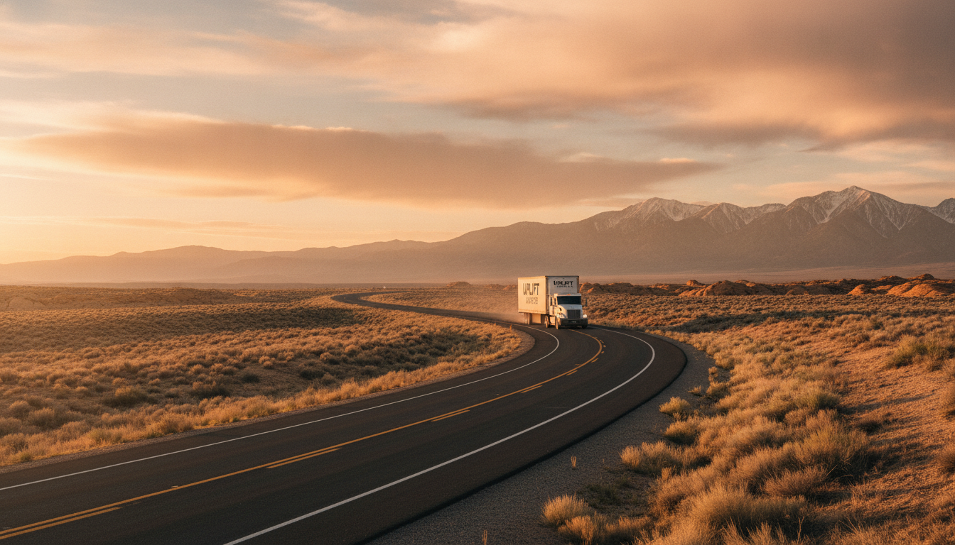 A moving truck travels north along a scenic highway from high desert landscape toward the Rocky Mountains at golden hour