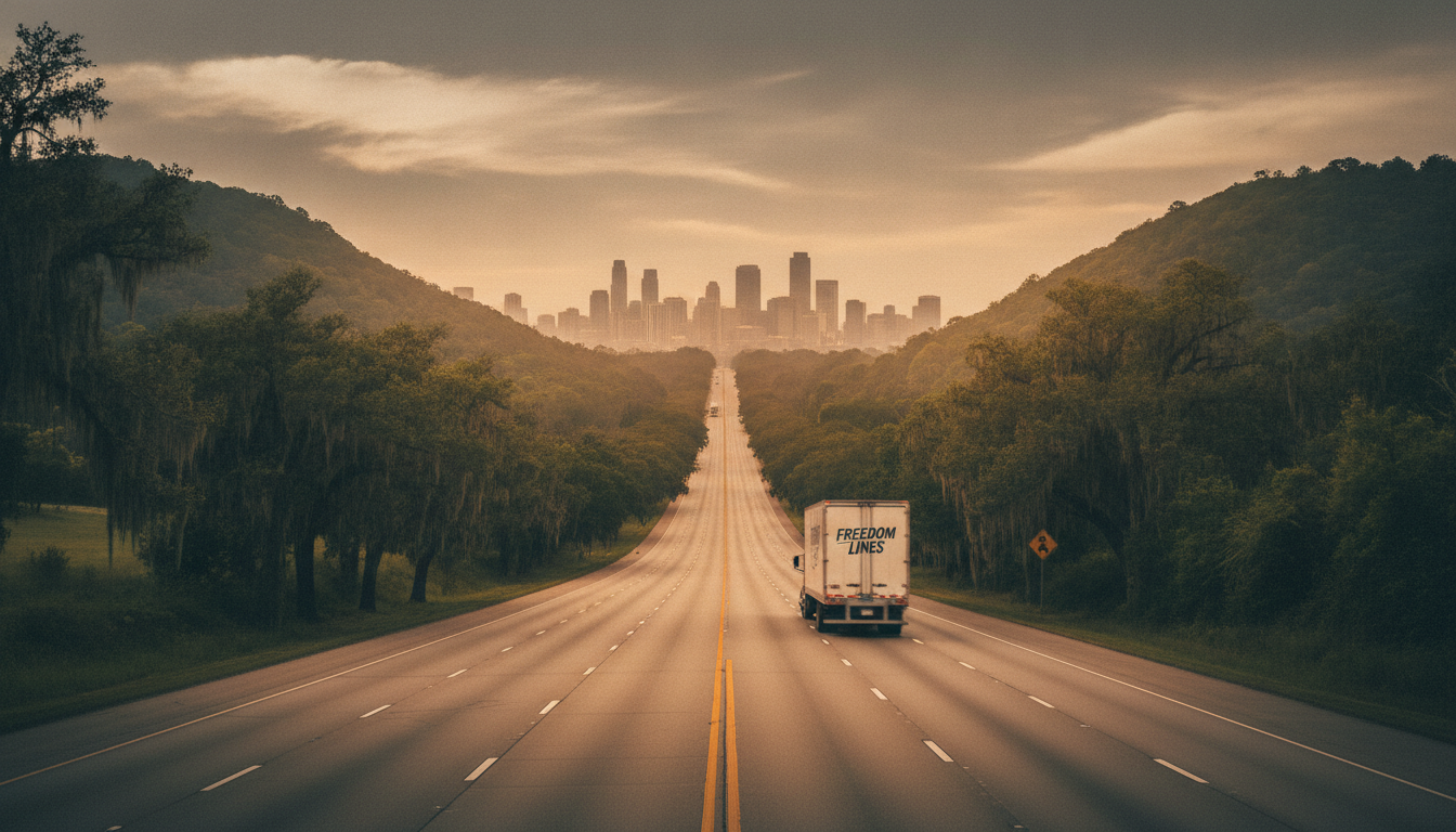 A moving truck travels a tree-lined Southern interstate toward a glowing city skyline at golden hour, evoking a move from Atlanta to Charlotte