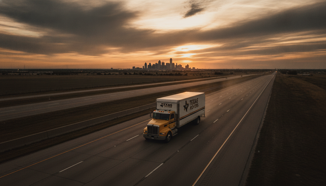 A moving truck driving toward the Dallas, TX skyline at golden hour, symbolizing a long-distance relocation from Atlanta, GA