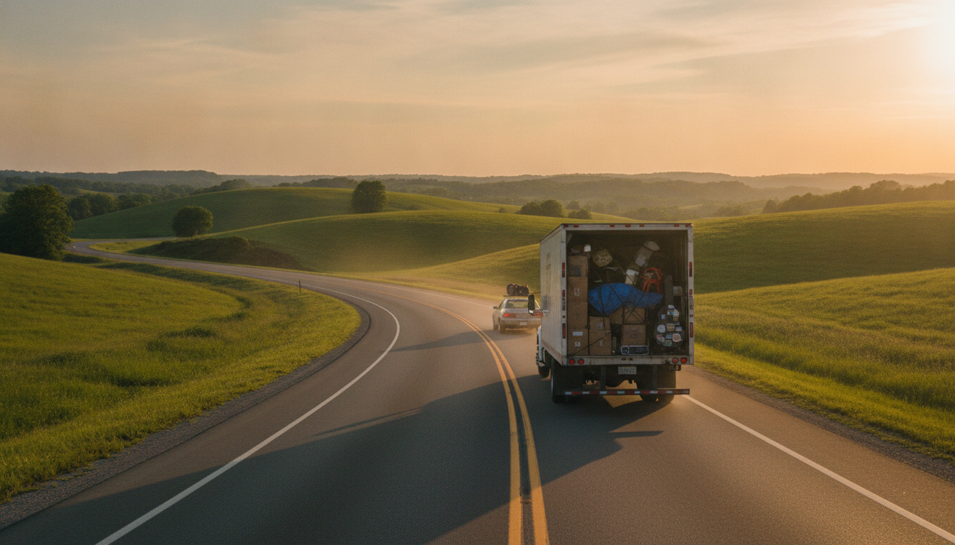 A moving truck driving along a sunlit highway through Tennessee's rolling green hills at golden hour