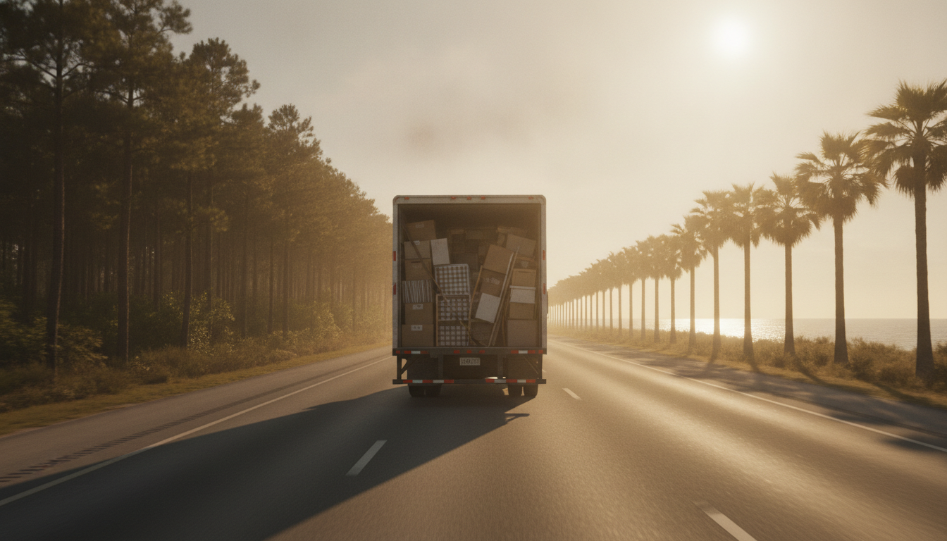Moving truck on a sunny highway heading from Atlanta toward Tampa, surrounded by palm trees and warm golden light