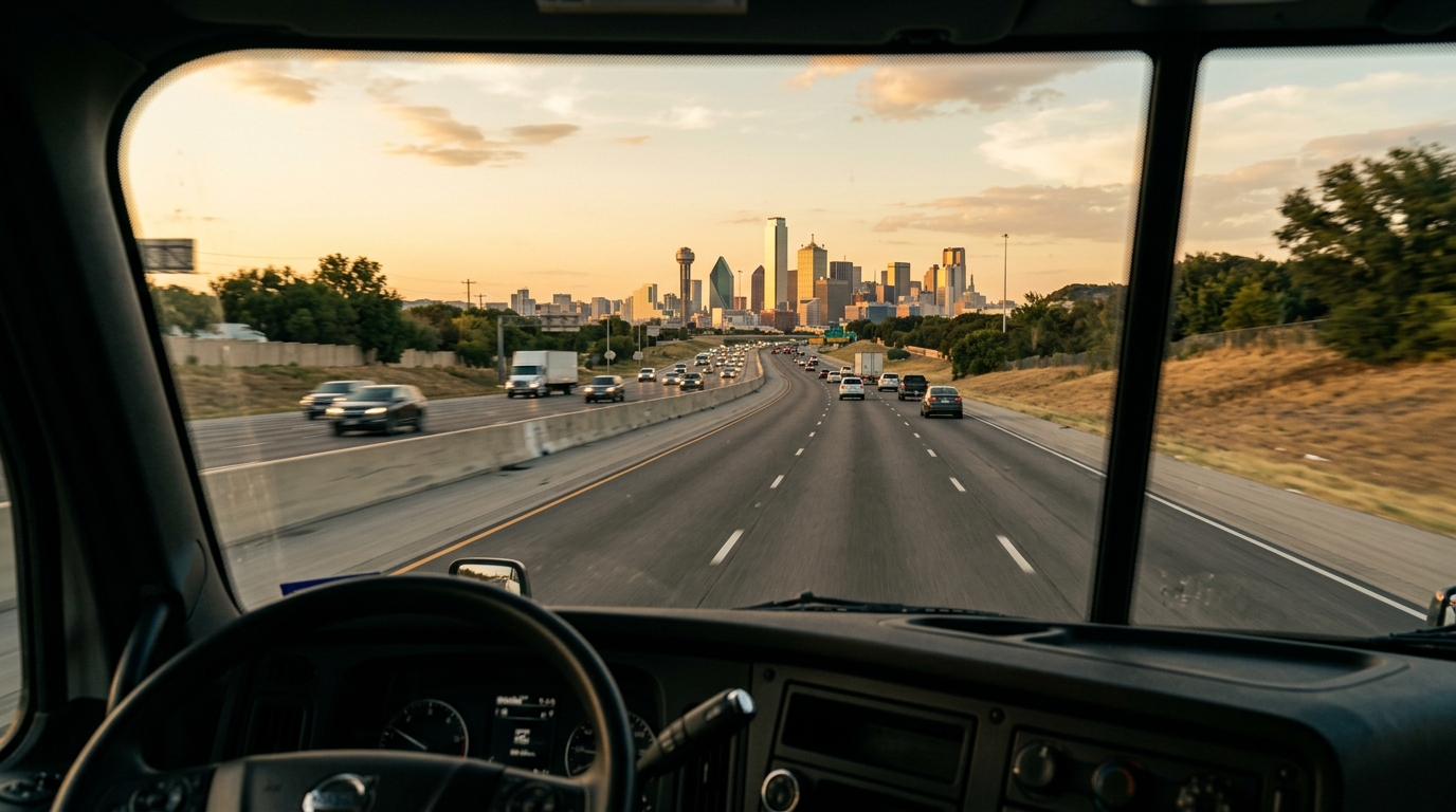 A Texas highway at golden hour leading toward a distant city skyline, viewed from the perspective of a moving truck