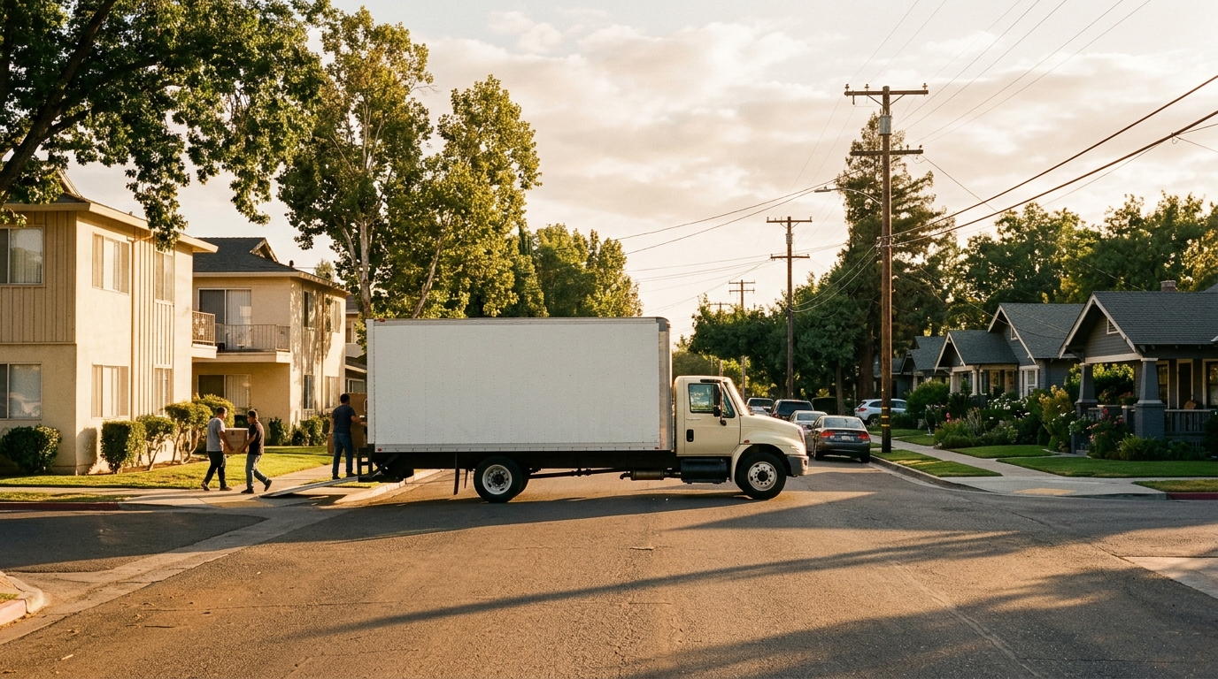 A moving truck on a sun-lit Central Valley street with apartment buildings and bungalows in the background