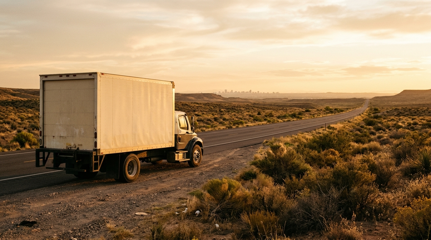 A moving truck on a desert highway at golden hour, heading toward a distant city skyline