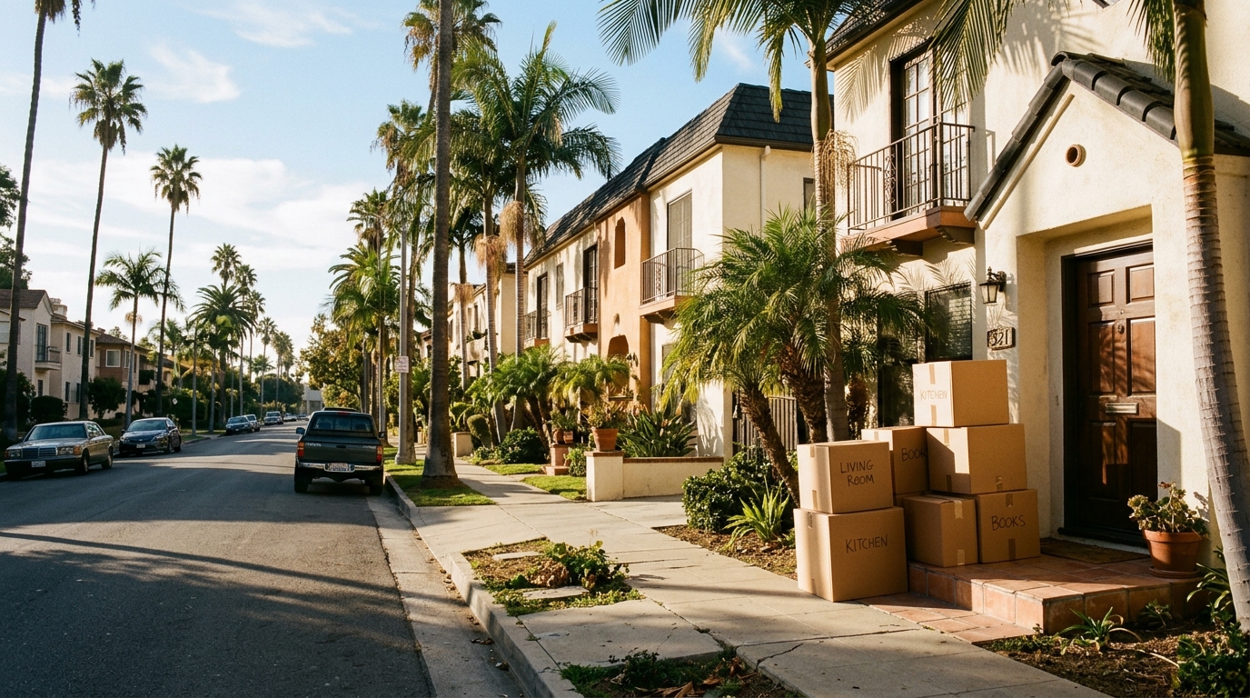 Sunlit Los Angeles apartment street with moving boxes on a front stoop, palm trees, and warm morning light