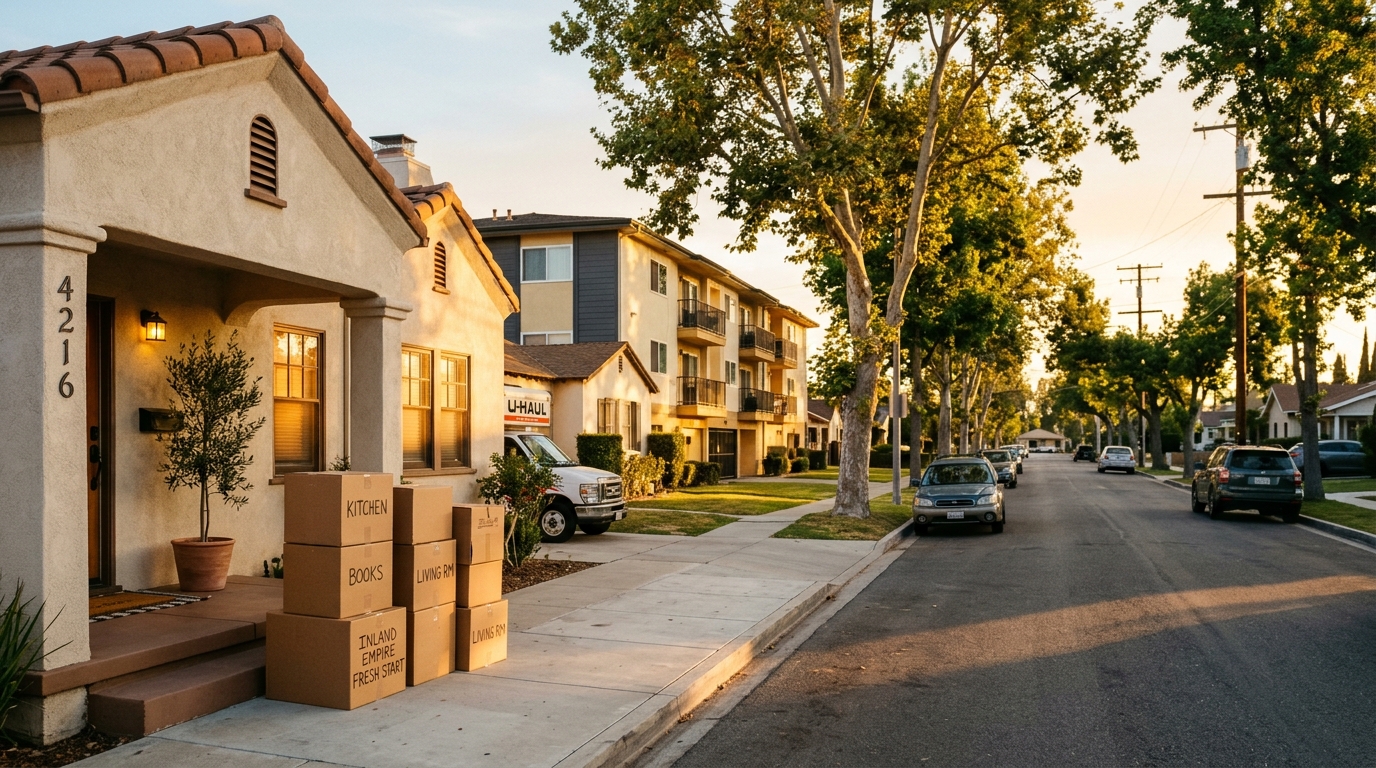 A sun-drenched Southern California street with stucco homes and moving boxes on a porch at golden hour
