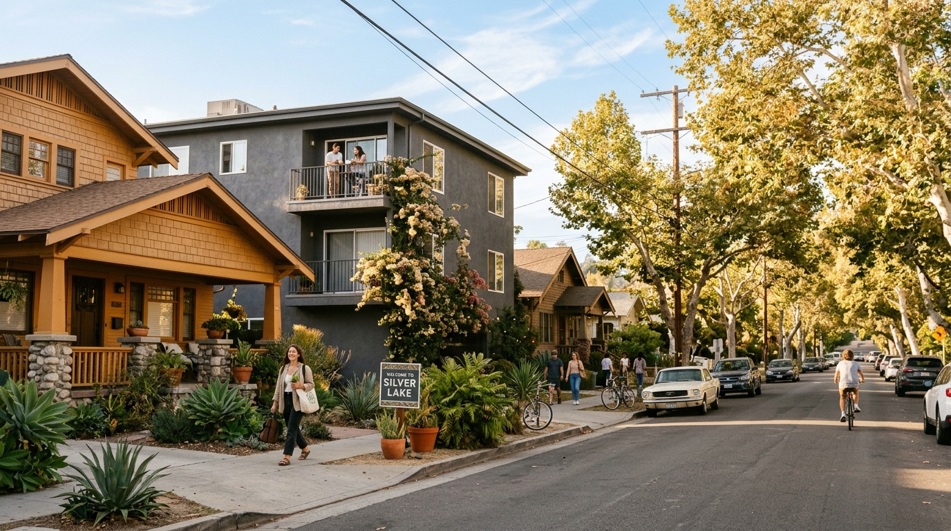 Tree-lined Sacramento street with a mix of apartment buildings and craftsman homes on a warm California afternoon