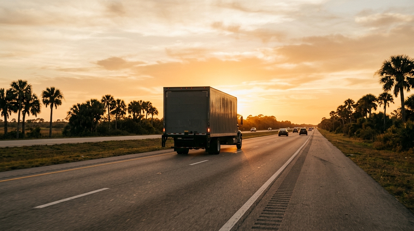 A moving truck driving south on an open highway at golden hour toward a warm Florida horizon lined with palm trees