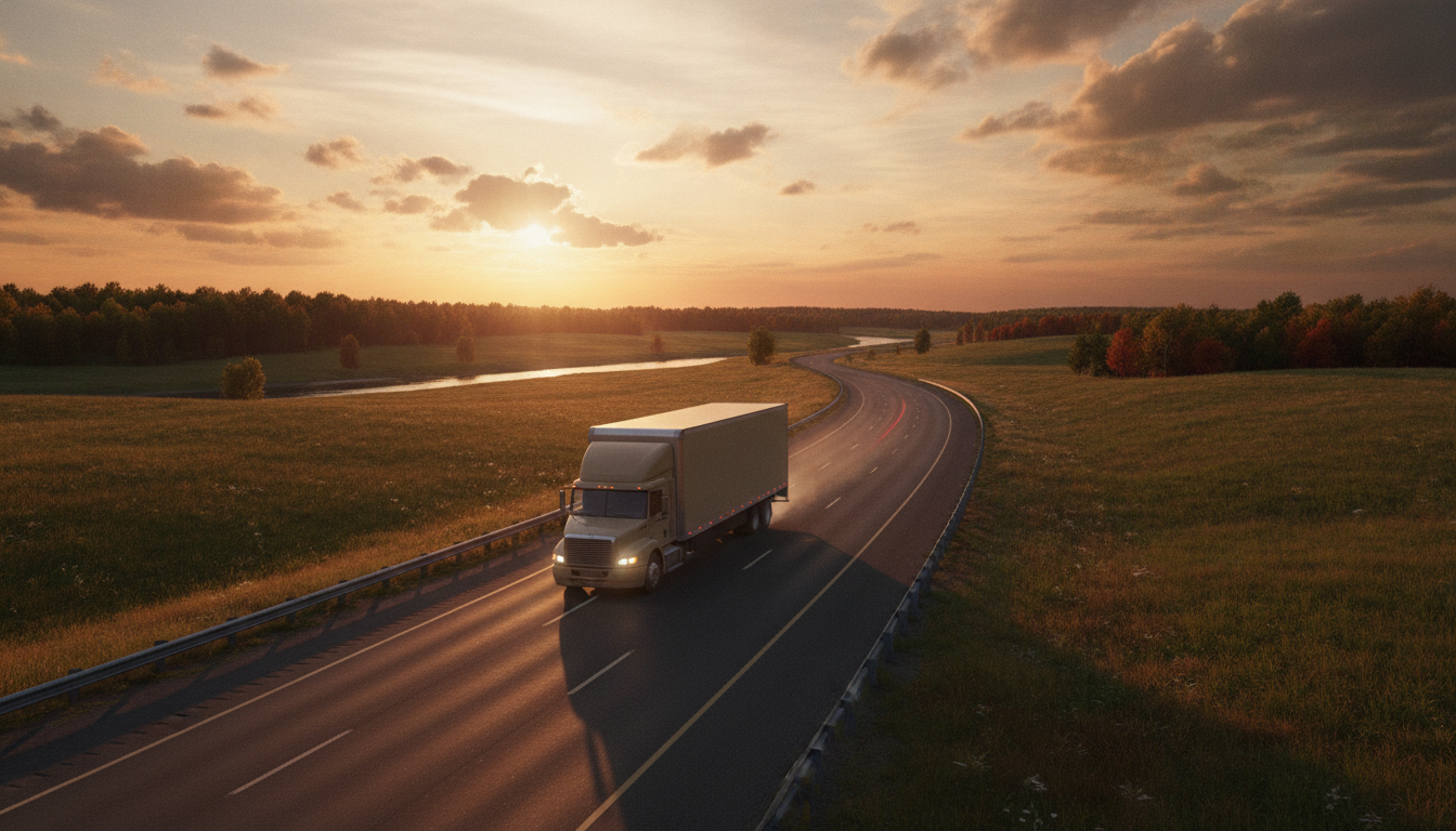 A moving truck traveling along a midwestern highway at golden hour, heading toward a new home in Wisconsin
