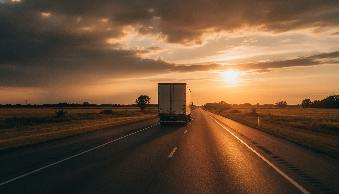 A moving truck driving down a midwestern highway at golden hour, evoking an interstate move from Indianapolis to Illinois