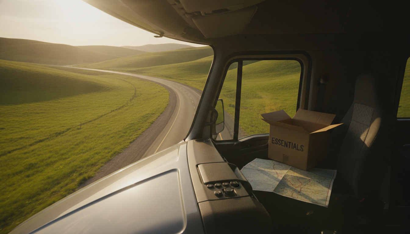A moving truck driving down a scenic highway toward rolling Kentucky hills at golden hour