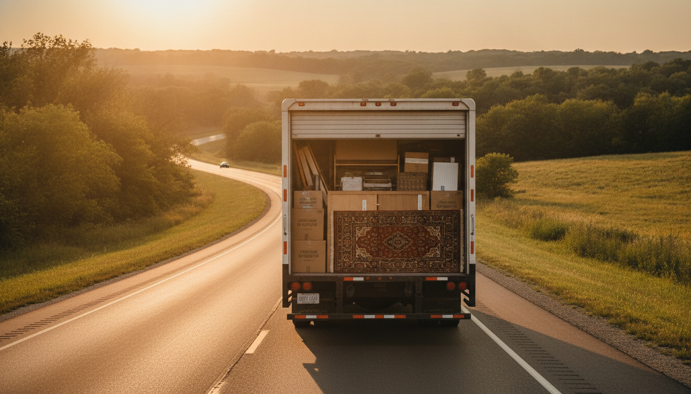 A moving truck driving down an open highway at golden hour, evoking an interstate relocation from Indianapolis to Michigan