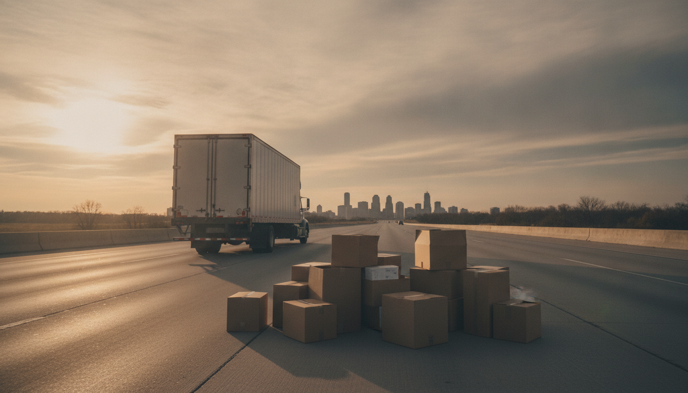 A moving truck traveling down an open highway at golden hour, representing an interstate move from Indianapolis to Ohio