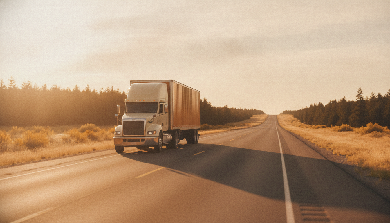 A moving truck on a sunlit highway heading toward Tennessee, shot in warm amber and charcoal tones