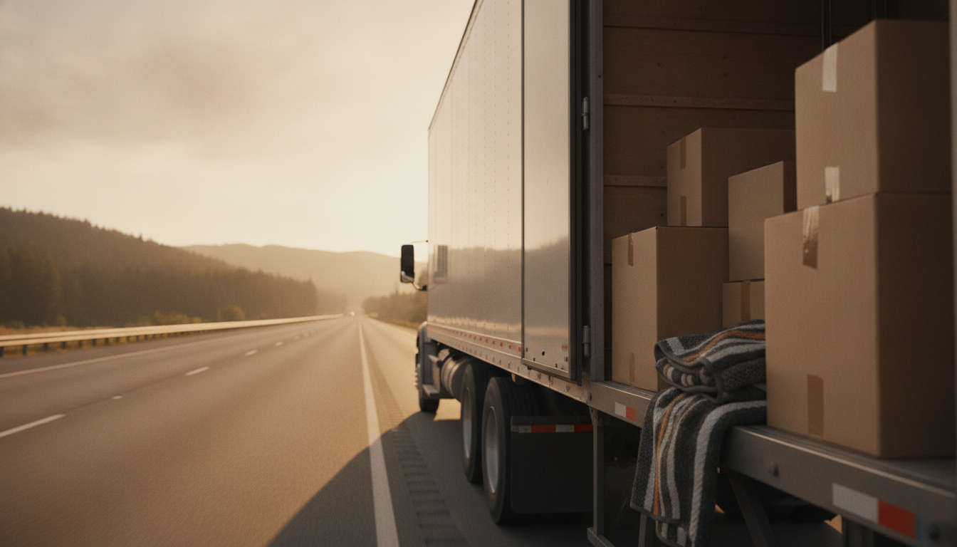 A moving truck on an open highway heading toward forested Appalachian hills at golden hour