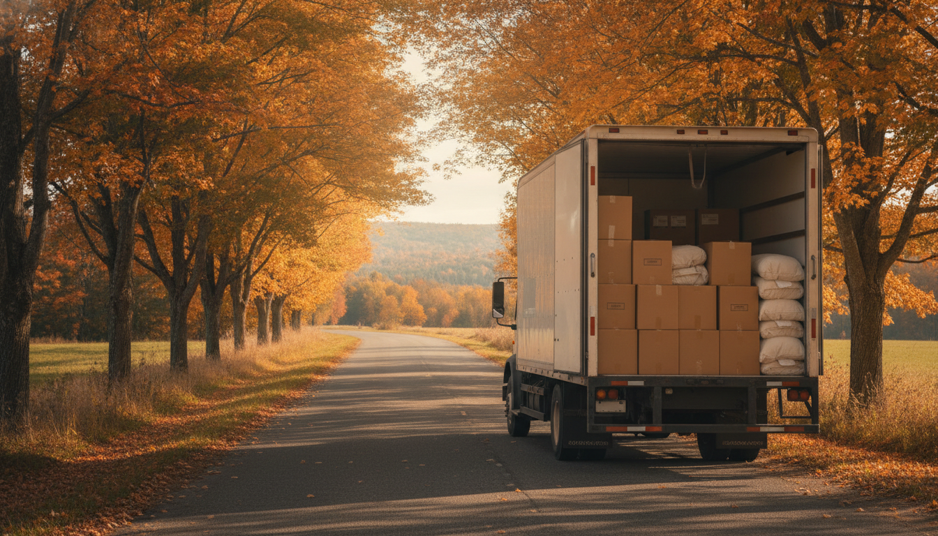 A moving truck parked on a tree-lined Connecticut road in autumn light, rear doors open and ready for an interstate move from Long Island