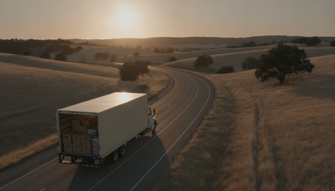 A moving truck traveling along an open highway at golden hour, evoking a long-distance relocation from Long Island, NY to Delaware