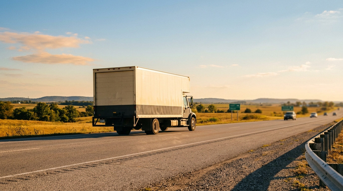 A moving truck traveling down a sunlit highway toward Indiana during an interstate relocation from Long Island, NY