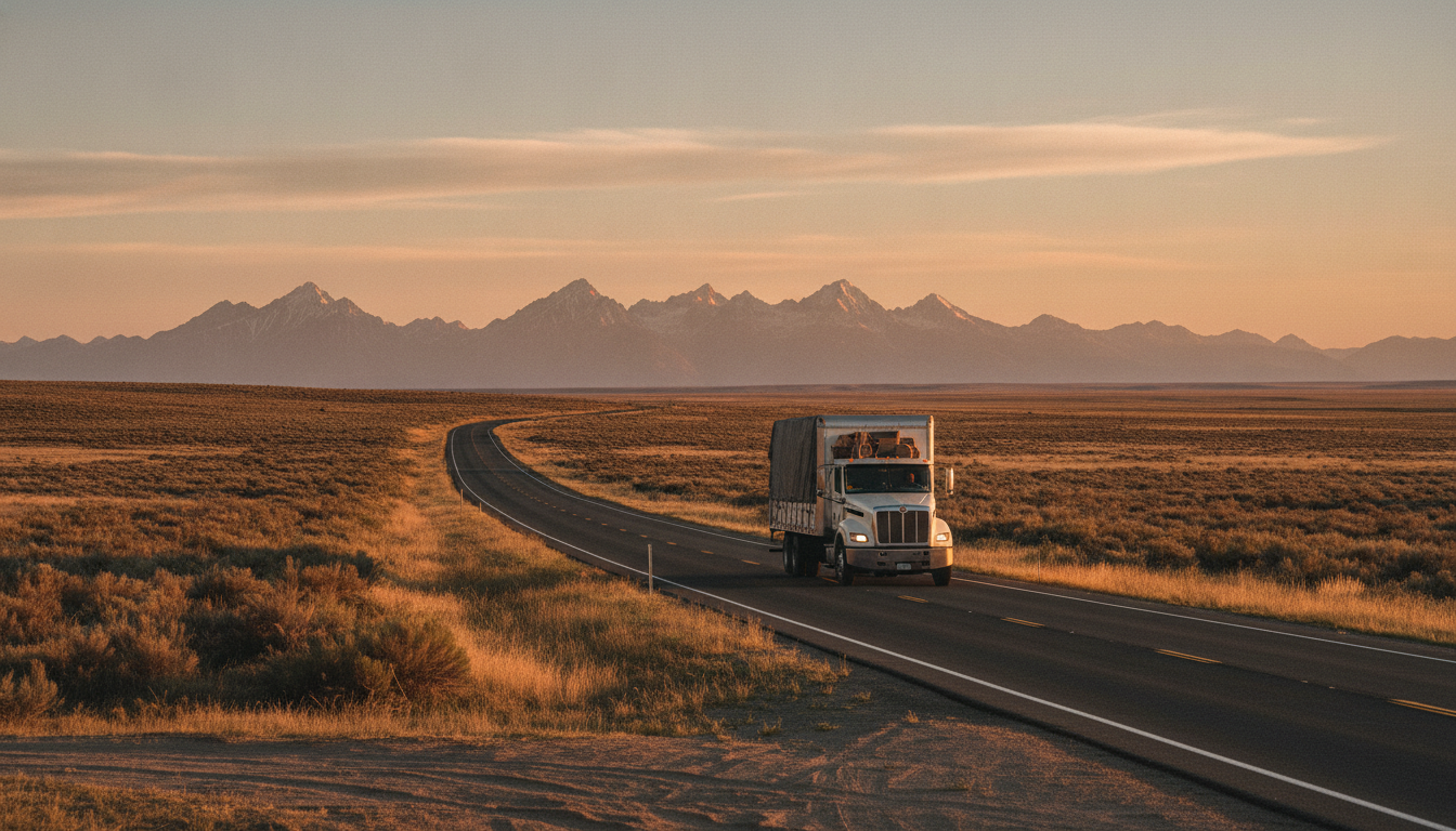 A moving truck on a wide open highway heading toward the Rocky Mountains under a clear blue sky, evoking an interstate move from New York to Colorado