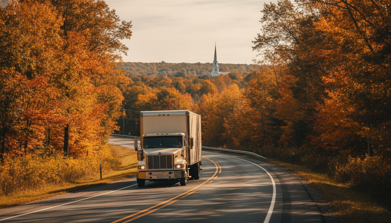 A moving truck driving through autumn New England countryside toward a Connecticut town
