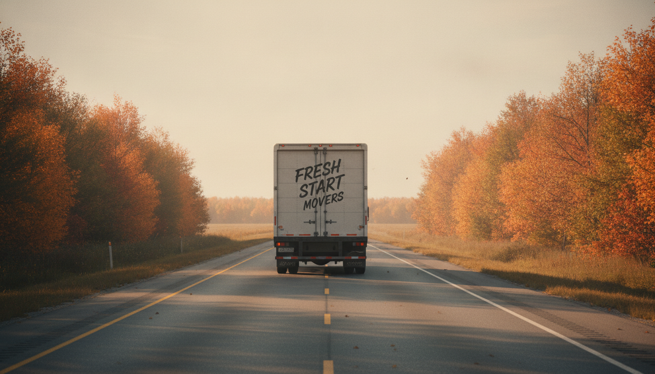 A moving truck driving down a sunlit East Coast highway surrounded by autumn foliage, evoking a long-distance relocation from New York to Delaware