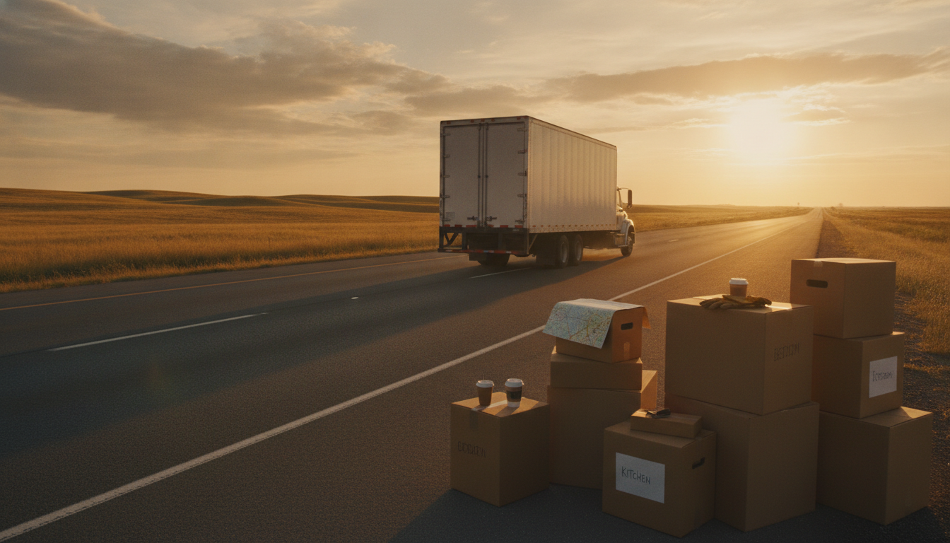 A moving truck driving down an open interstate highway at golden hour, representing a long-distance move from New York City to Indiana