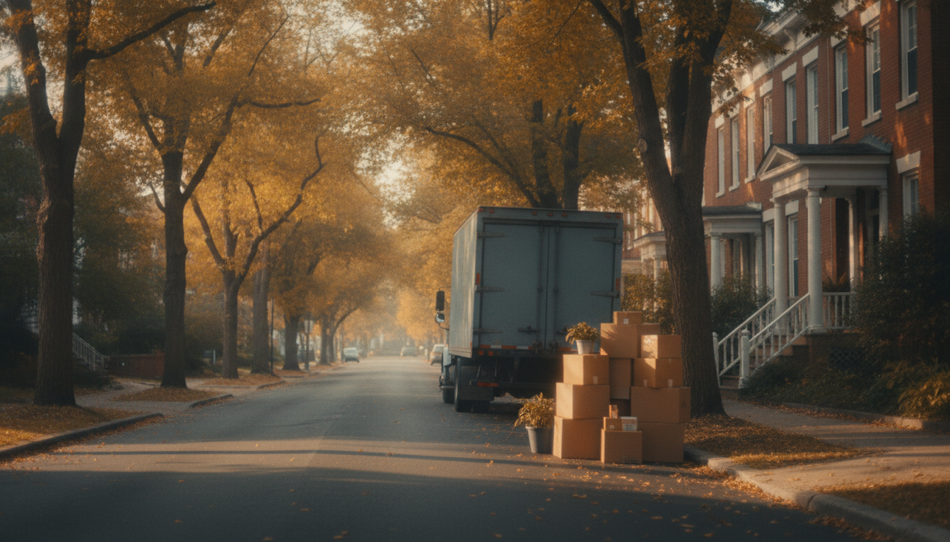 A moving truck parked outside a brick row home on a sunlit residential street, with cardboard boxes ready for an interstate move