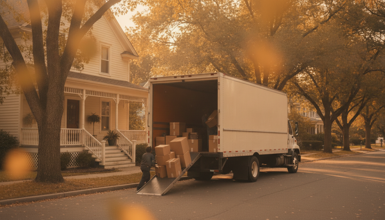 A moving truck parked on a sunlit residential street with stacked cardboard boxes on a porch, evoking an interstate relocation
