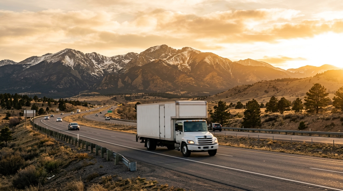 A moving truck on a highway heading toward the Rocky Mountains at golden hour, representing an interstate move from San Diego to Colorado