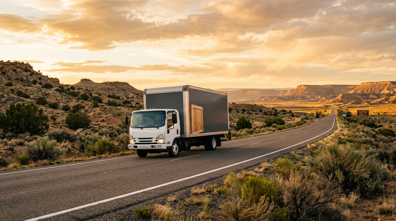 A moving truck traveling along a desert highway toward New Mexico under a golden-hour sky