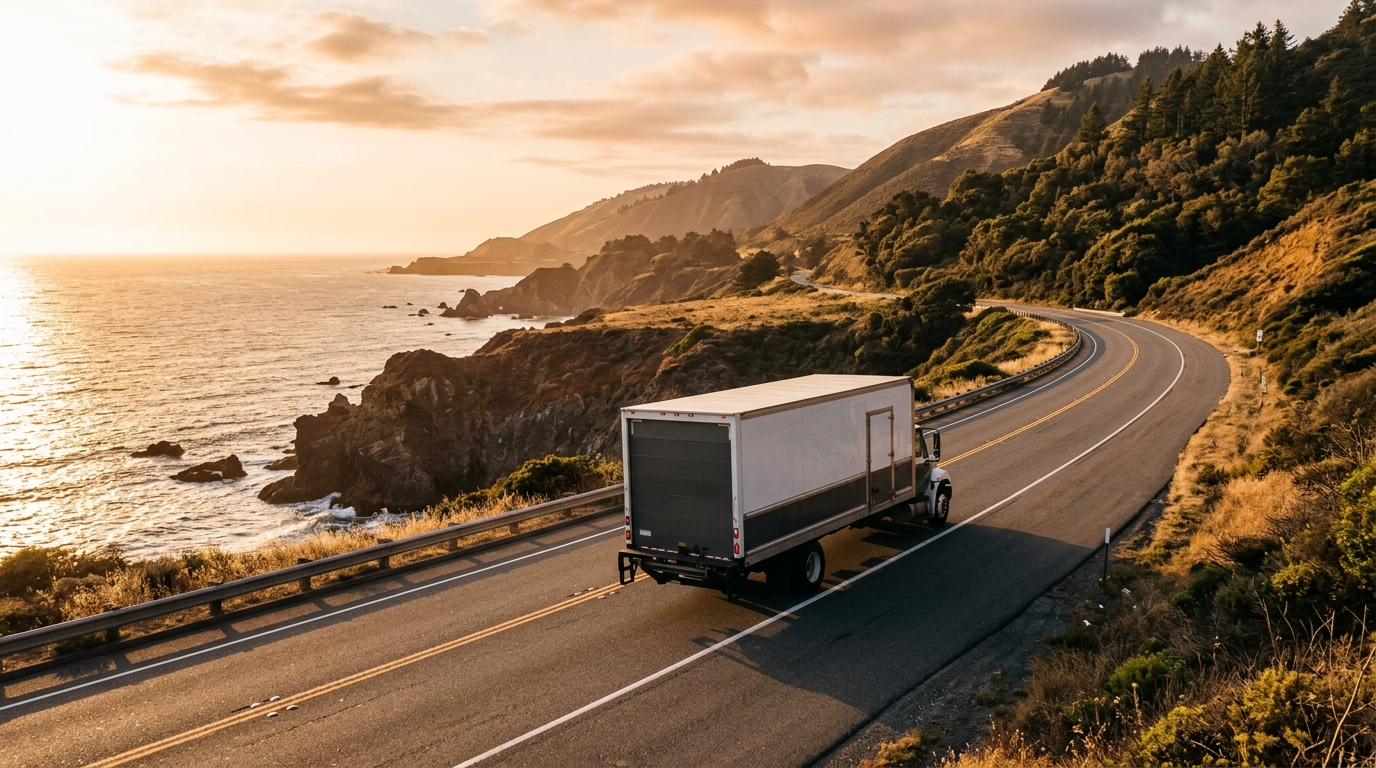 A moving truck driving north on a scenic highway from Southern California toward the Pacific Northwest at golden hour